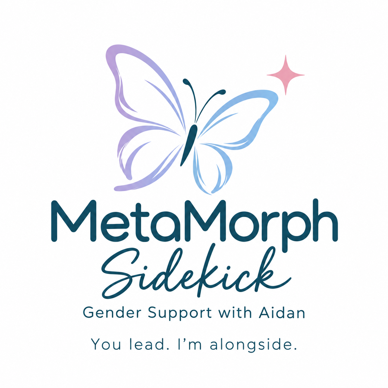 MetaMorph Sidekick butterfly logo. Gender Support with Aidan. You lead. I’m alongside.